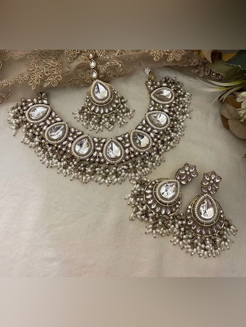 Silver-Tone Kundan Pearl Choker Necklace Set - Women Jewelry